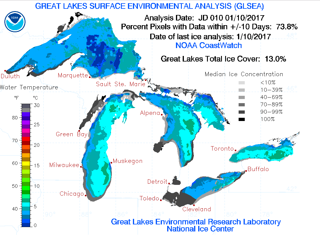 GLSEA total ice cover analysis for January 10, 2017
