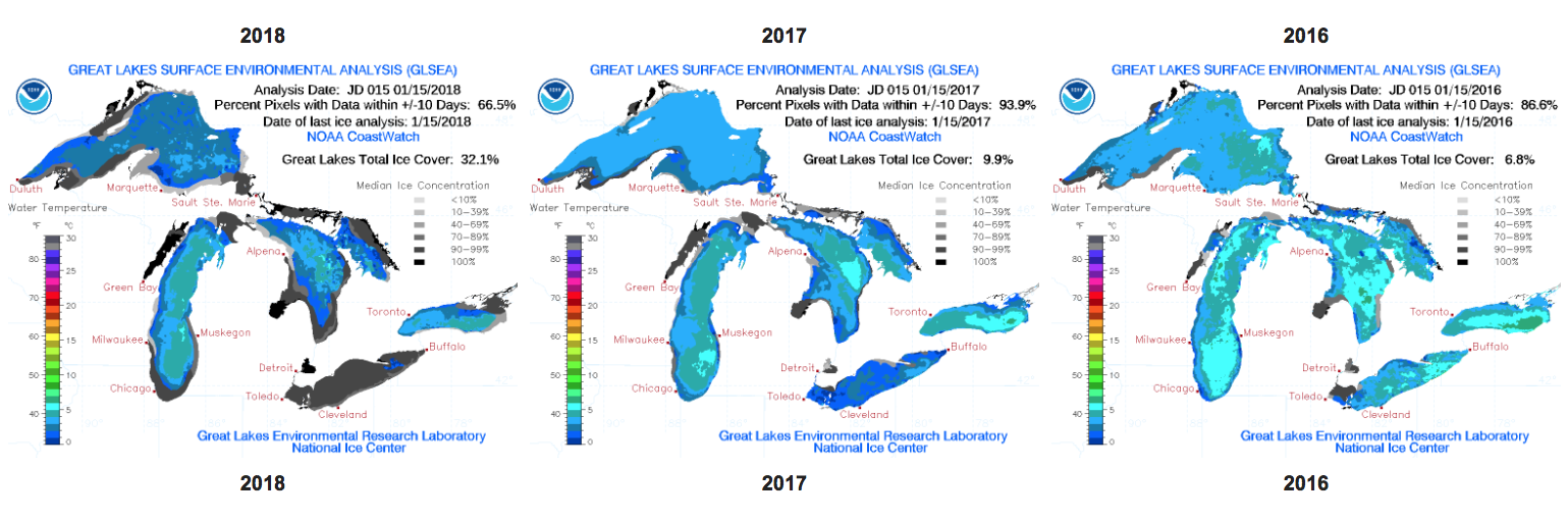 Image depicting Great Lakes total ice cover on on January 15, 2018, compared to 2017 and 2016.