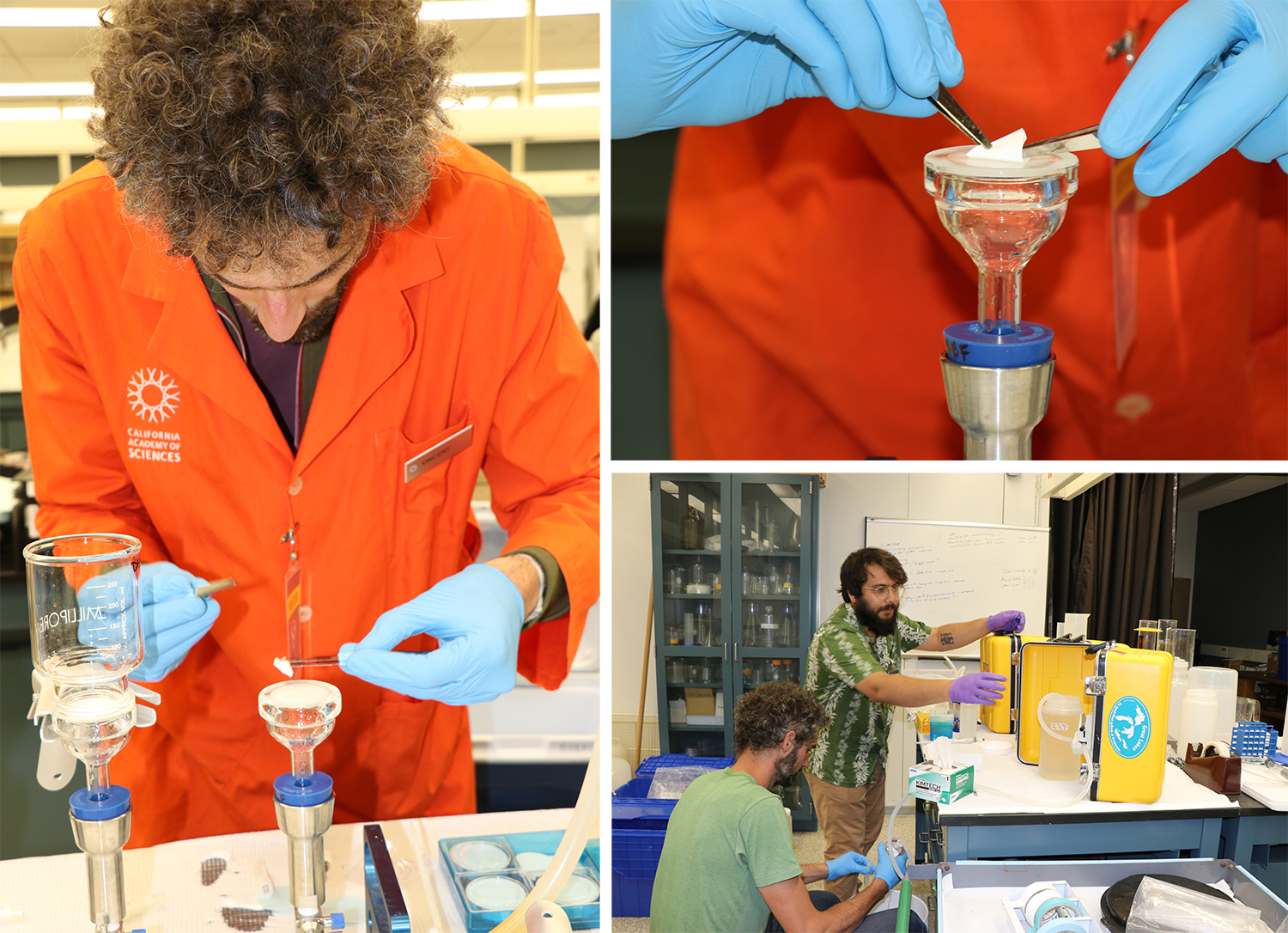 male scientists filtering water