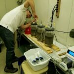 photo of man looking at container filled with sediment