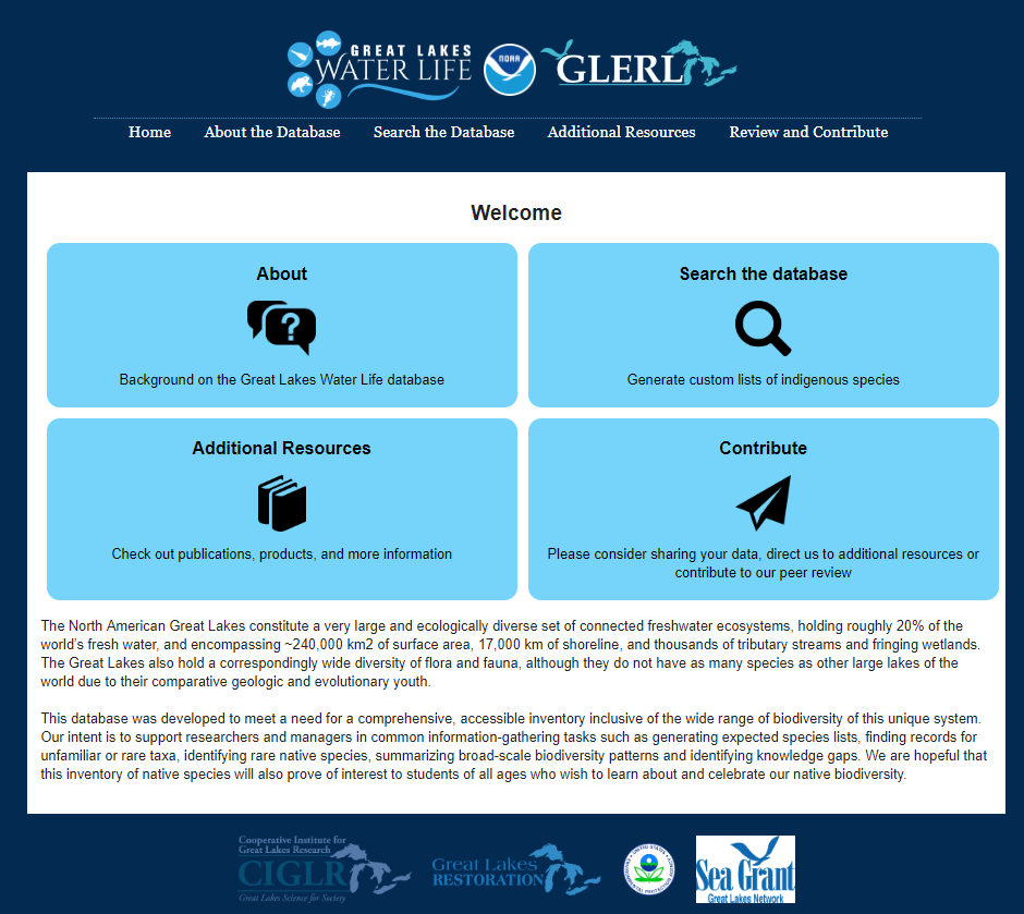 A screenshot of the Great Lakes Water Life home page, featuring an about section, a search tool, additional resources, and a contribution portal.