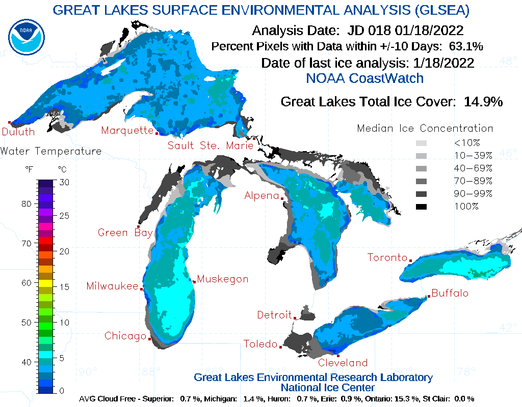 Color-coded map of the Great Lakes showing water temperature in blue colors and ice cover in gray and black colors. The map shows prominent ice cover in several large bays across the lakes.