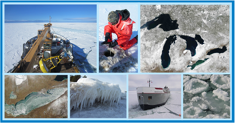Collage of Great Lakes Ice related images. Top row, left to right: An ice breaking ship, a scientist getting a sample 
								beneath the ice, a satellite image of a wintry Great Lakes Region; Bottom row, left to right: an ice covered Lake Erie from satellite
								imagery, Ice Caves at Glen Haven Beach, an ice breaking ship, and pancake ice.
