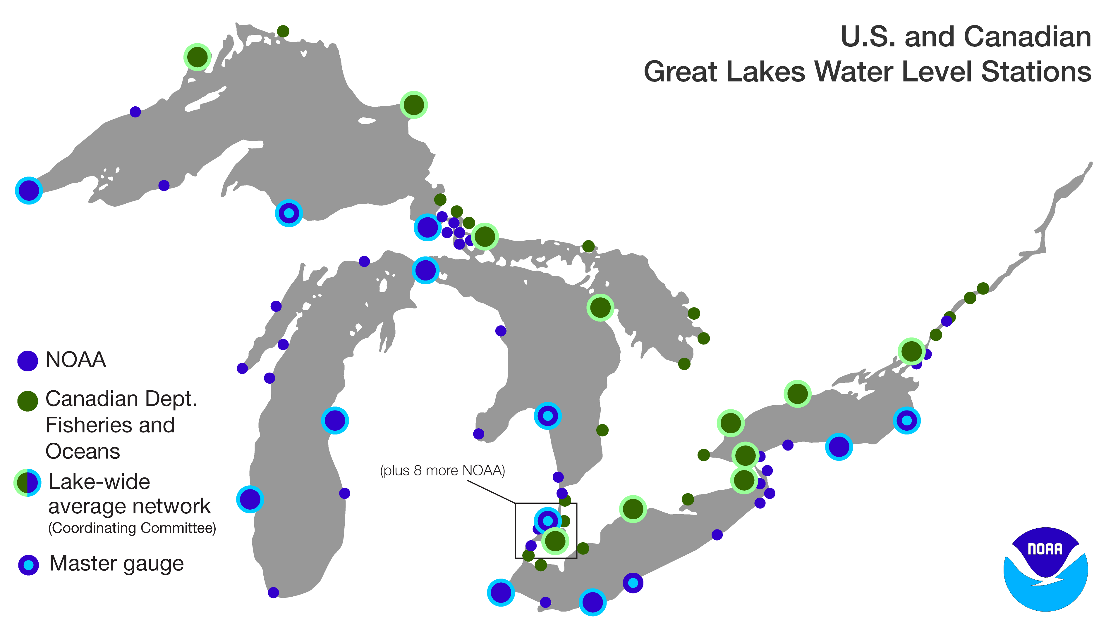 Map of Great Lakes water level monitoring network