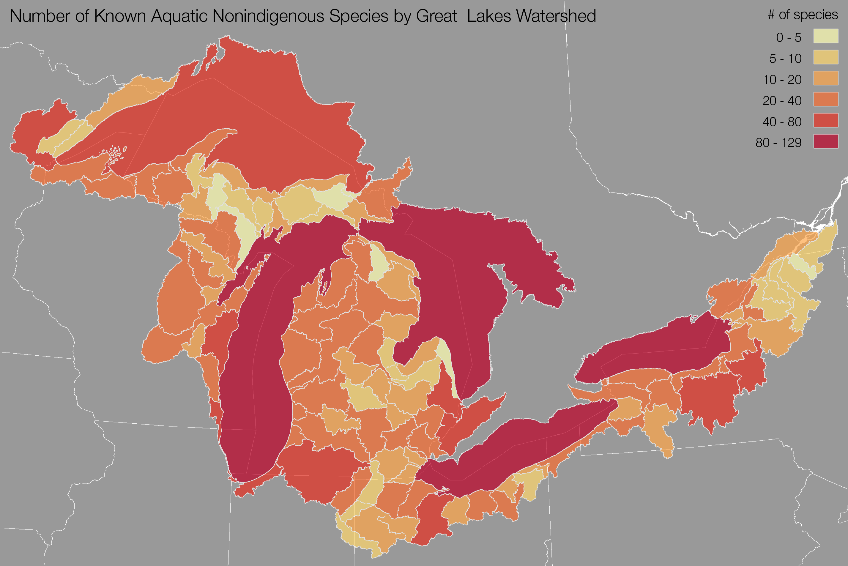 2018 Heat Map - Number of Aquatic Nonindigenous Species by Great Lakes Watershed