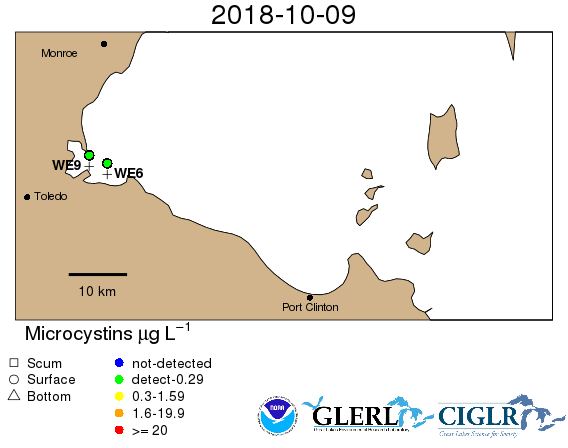 The HAB Tracker doesn't predict toxin concentrations, so the latest measurements are given here to provide context. Microcystins are the toxic compounds most commonly associated with Lake Erie HABs. The symbol shape indicates the depth at which weekly sampling occurred at each monitoring station.  Surface is approximately 0.75 m deep in the water column. Symbol colors correspond with thresholds identified by the Ohio Environmental Protection Agency</a>. Microcystin concentrations exceeding the Elevated Recreational Public Health Advisory are indicated in red. Note that the HAB Tracker uses a different color scale – the HAB Tracker does not indicate toxin concentrations.