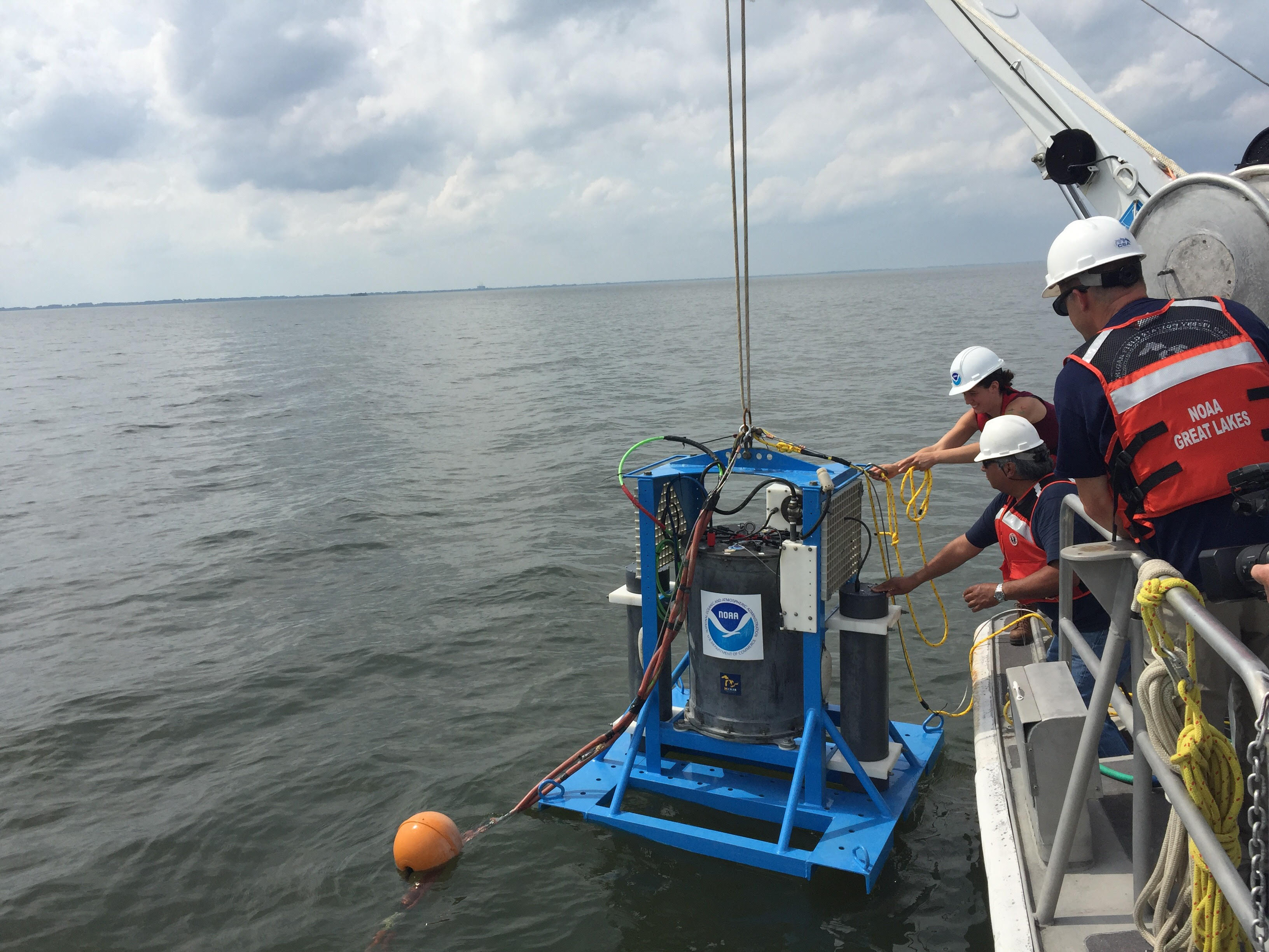 The ESPniagara sits inside a custom underwater stationary mooring during deployments. This photo was taken on July 12, 2017, during the ESP niagara's first deployment of the 2017 HAB season in Lake Erie.